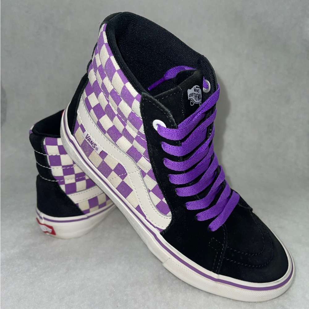 Purple, Black, and White Checkered Vans - size 6.5